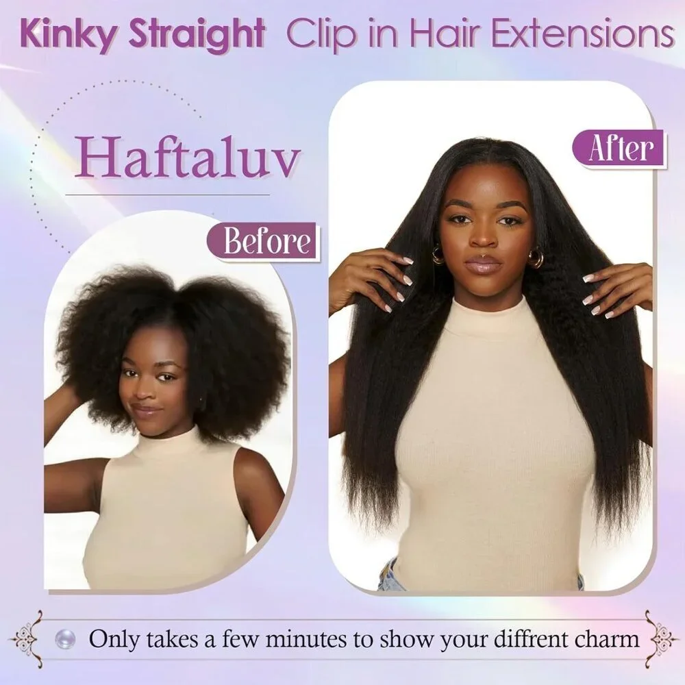 Kinky Straight Clip-In Hair Extensions Protein Fiber 20 Inch Black Women